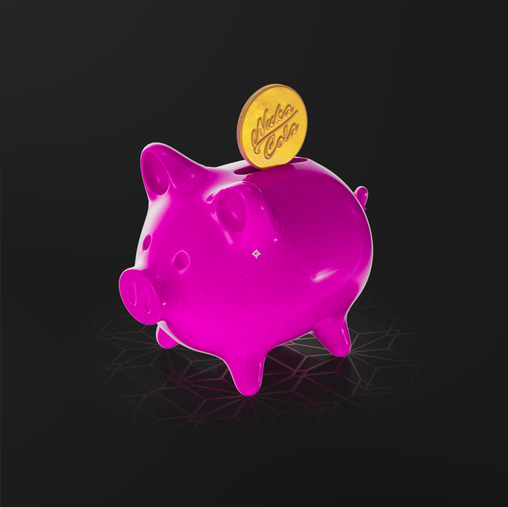 Rendered pink piggy bank with a coin above its slot