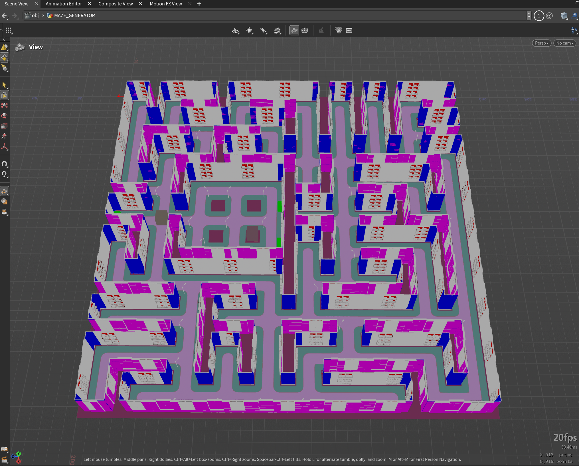 Assembled building geometry from the same Houdini layout