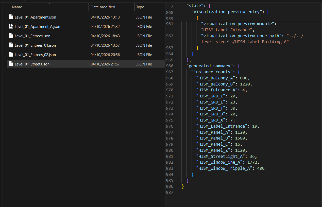 Preset JSON files and the generated summary of HISM instance counts for the street preset