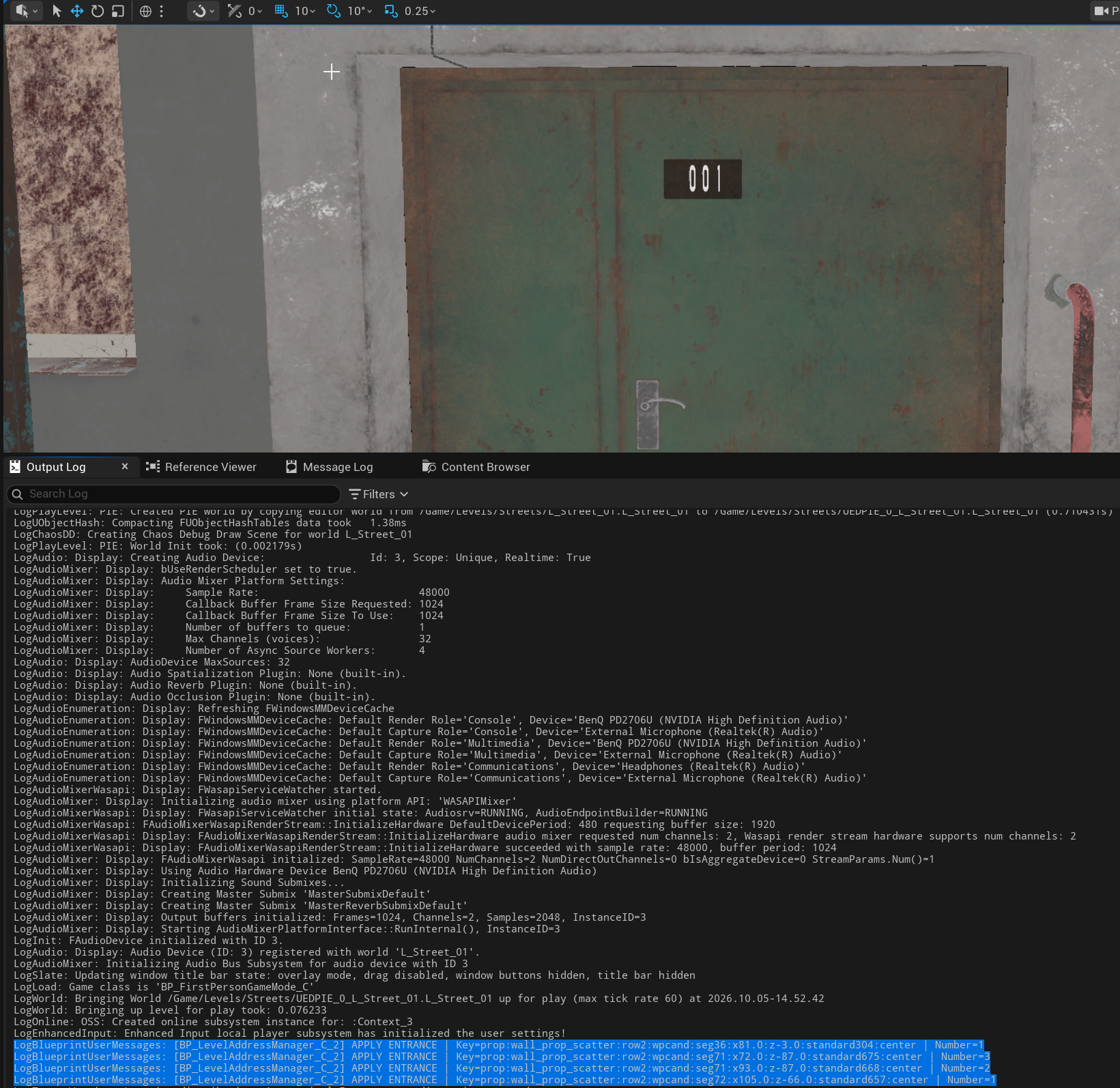 Unreal viewport showing entrance 001 above an output log of applied entrance numbers and placement keys