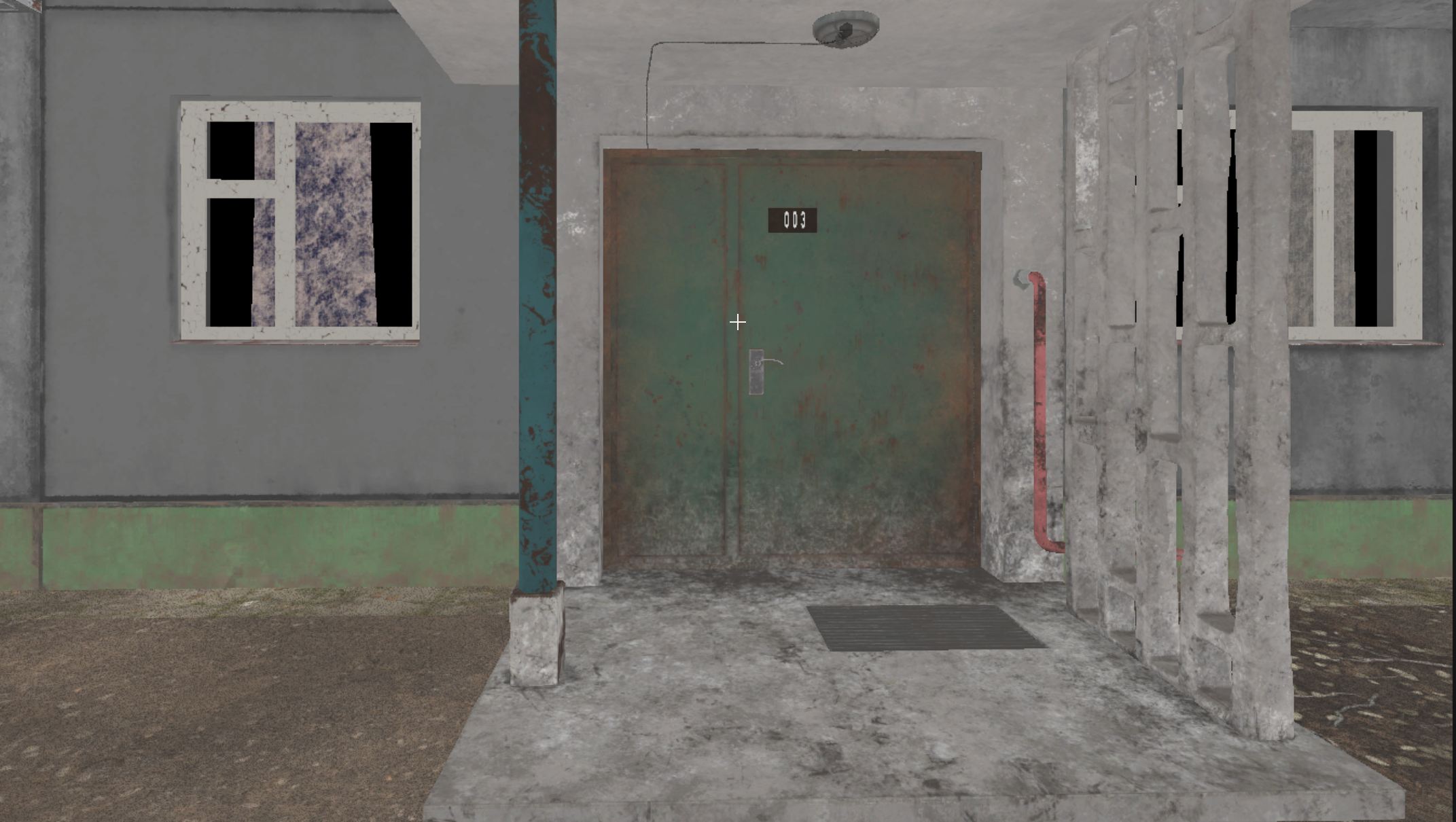 Entrance door in a generated building displaying the resolved entrance number 003