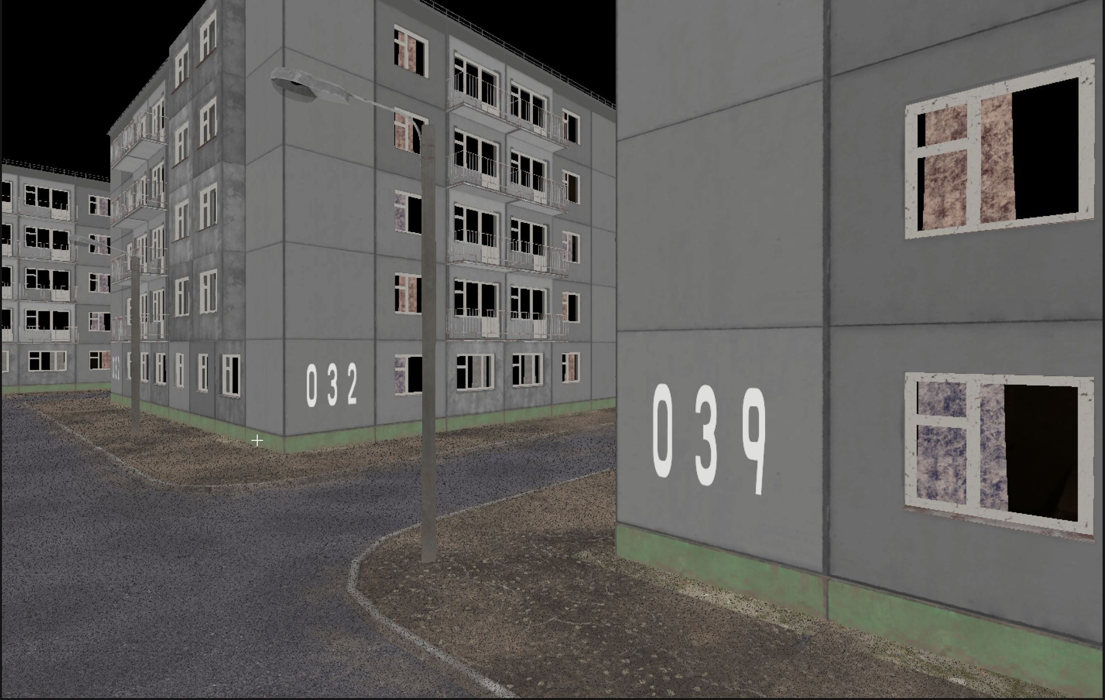 Generated residential buildings with resolved facade numbers 032 and 039 in Unreal Engine