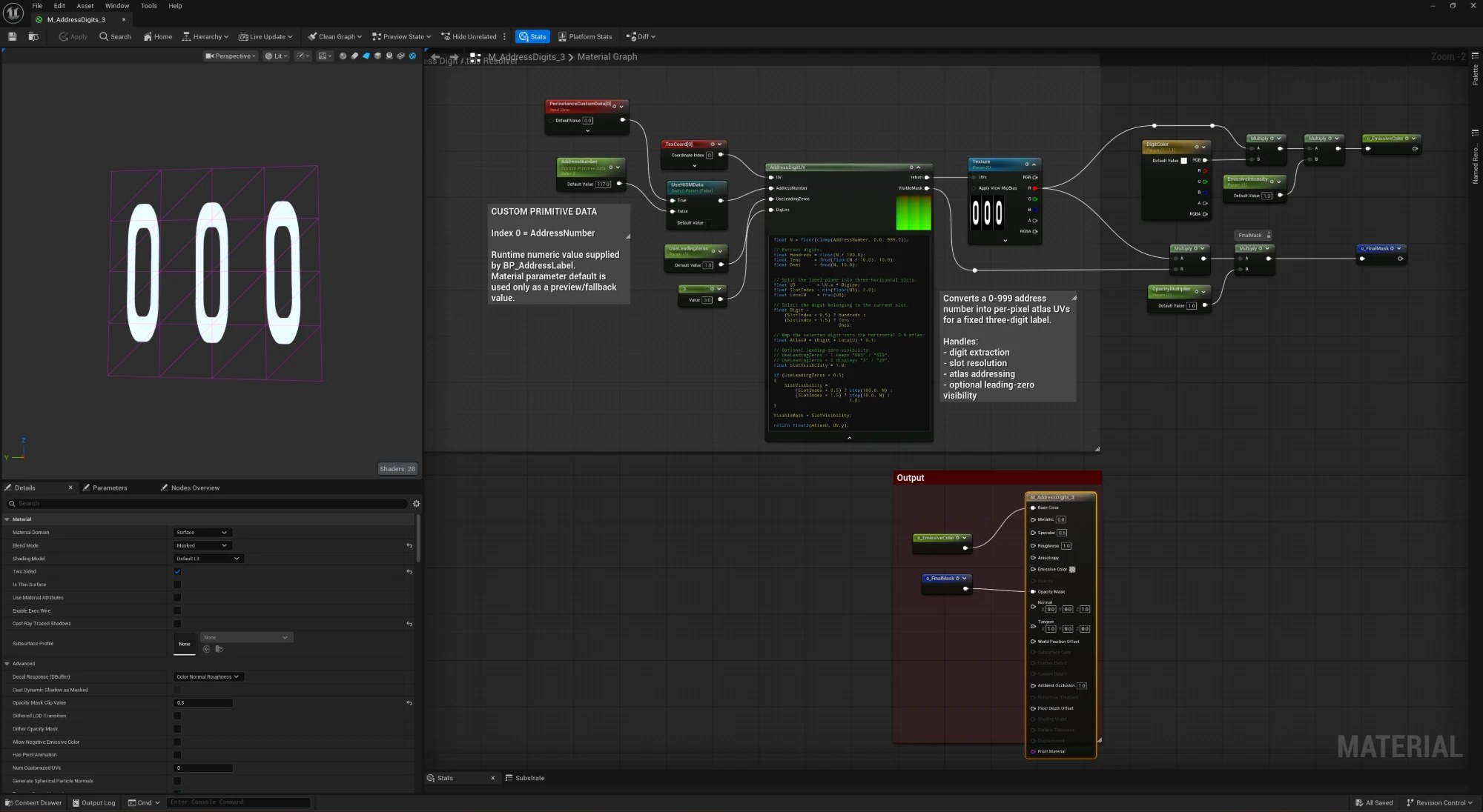 M_AddressDigits_3 in the Unreal Material Editor: a per-instance custom data input and a custom primitive data input selected by a static switch, feeding a custom AddressDigitUV node that drives a digit atlas texture into emissive color and opacity mask