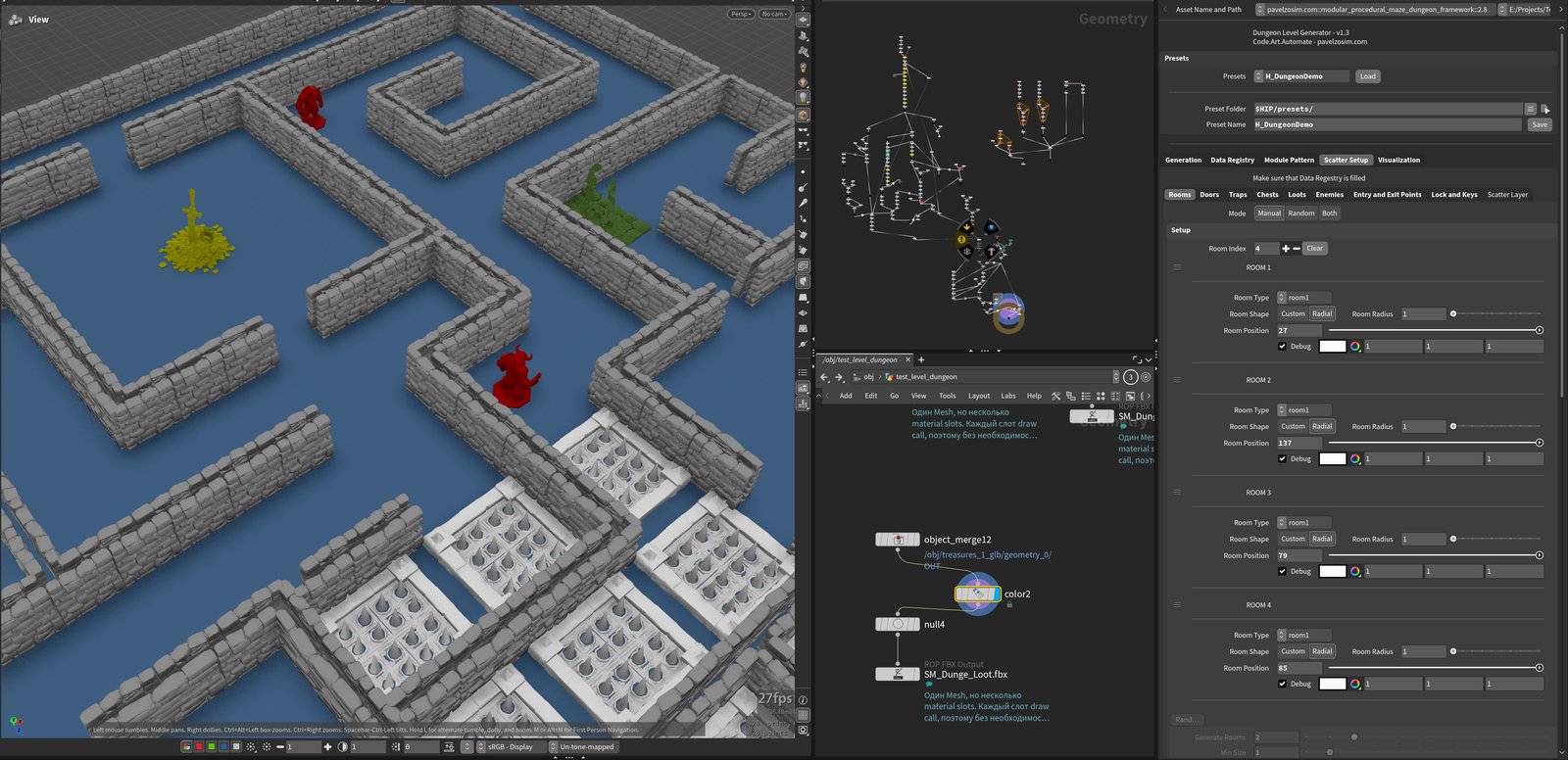 The same generated dungeon layout with proxy enemy and loot assets standing in for the final placements