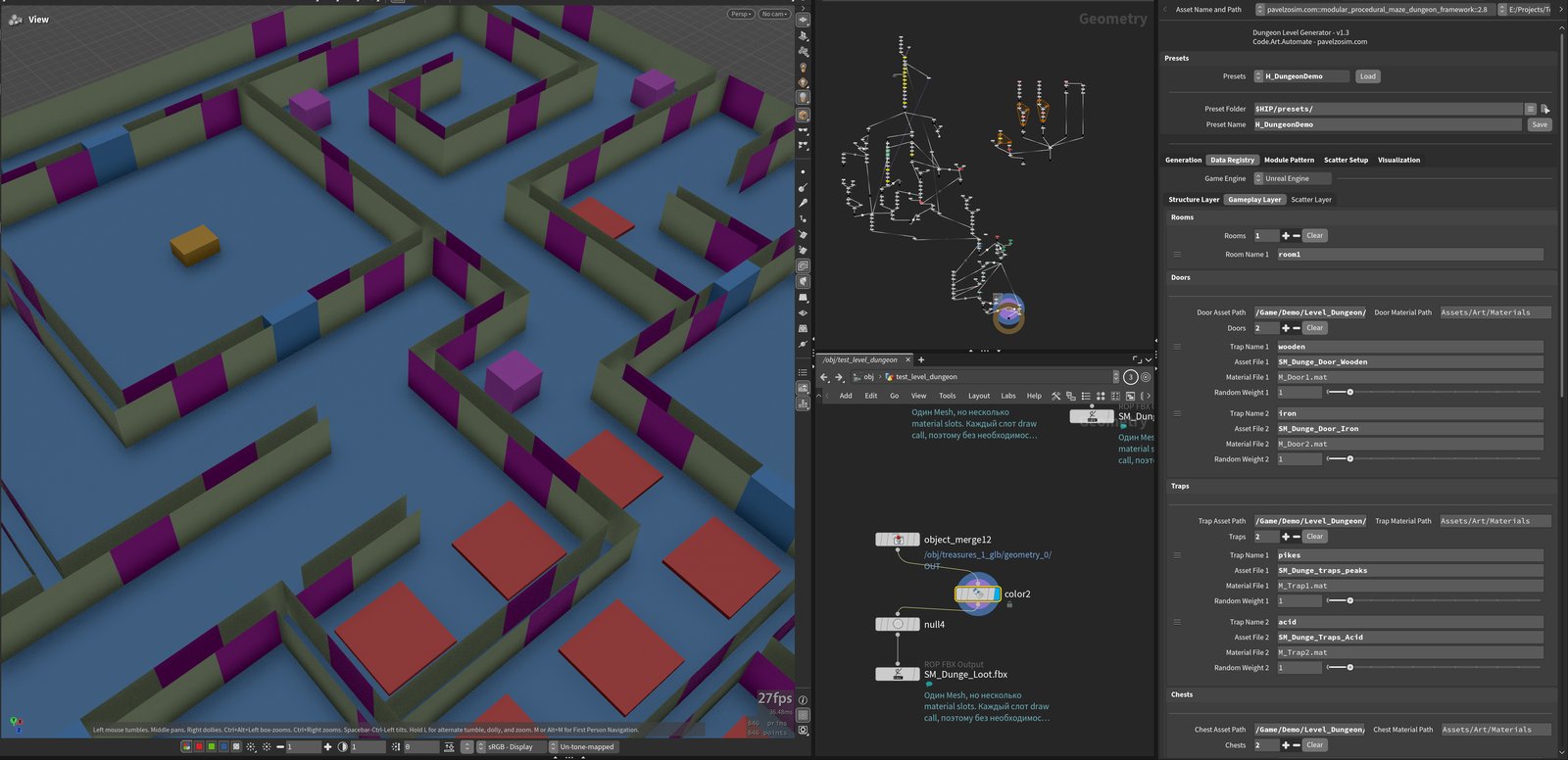 Schematic debug markers over a generated dungeon layout -- flat colored zones for traps, doors, and loot