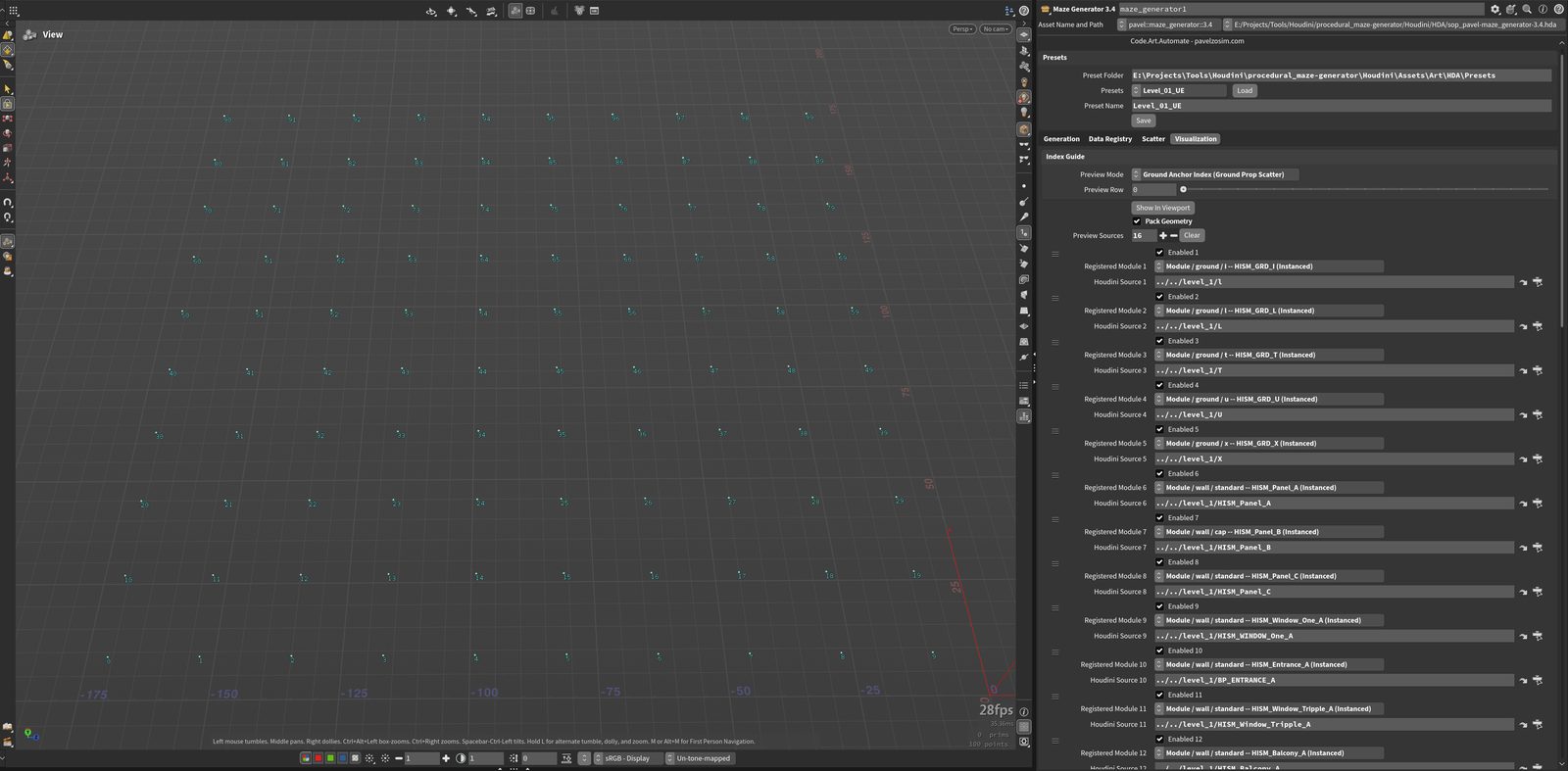 Houdini Index Guide, Ground Anchor Index mode -- every Ground Prop Scatter candidate cell numbered