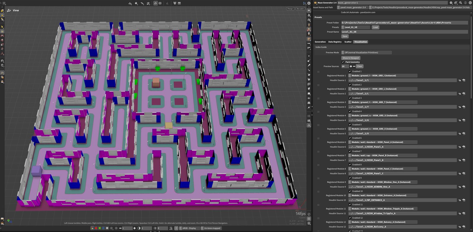 Houdini Visualization Primitives debug view -- colored oriented boxes for every structural, gameplay, and prop placement in one generated maze