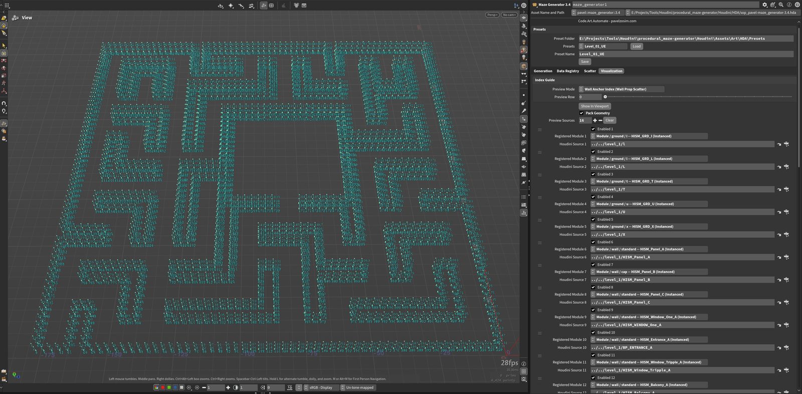 Houdini Index Guide, Wall Anchor Index mode -- every Wall Prop Scatter candidate along the maze walls numbered