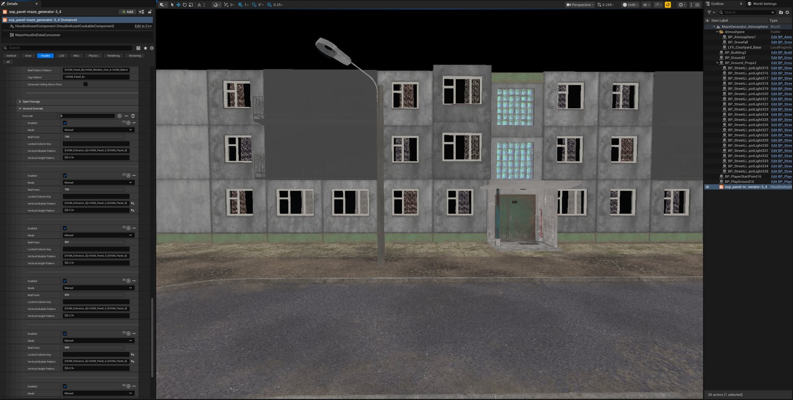 The same wall run after manually overriding a column to an entrance with a canopy and glass-block windows above it, breaking up the blank run