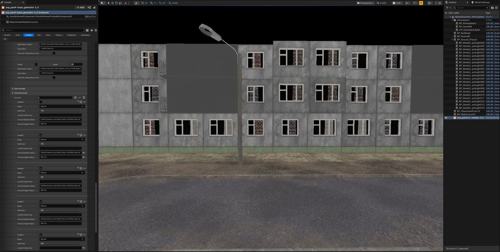 A wall run built entirely from window and blank panel modules, before any manual override, Unreal Editor with the Vertical Override panel open