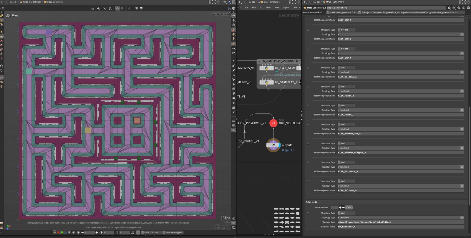 A top-down generated maze with I, L, T, U, and X ground topology crossings, next to the Data Registry listing Ground and Wall structural types by topology and their HISM component names