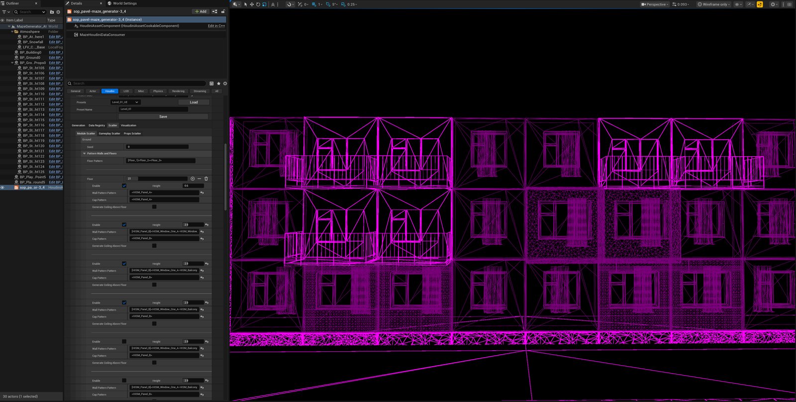 Wireframe view of a wall run built from the Floor Pattern config, next to the Pattern Walls and Floors UI showing the Floor Pattern field and four configured floor entries