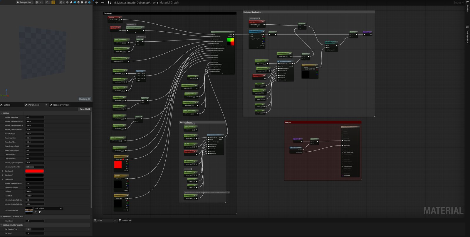 A material graph for an interior cubemap array with its own emission randomizer, used behind windows independently of whether the window is lit