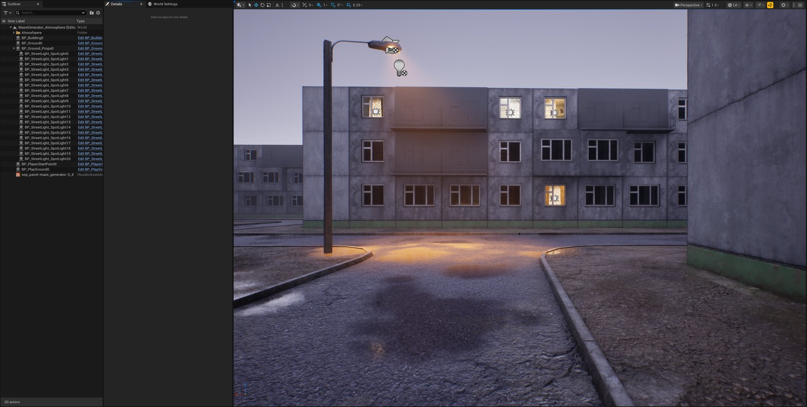 A building facade at dusk with some windows lit via MazePlacementExtras and a streetlight illuminating wet asphalt