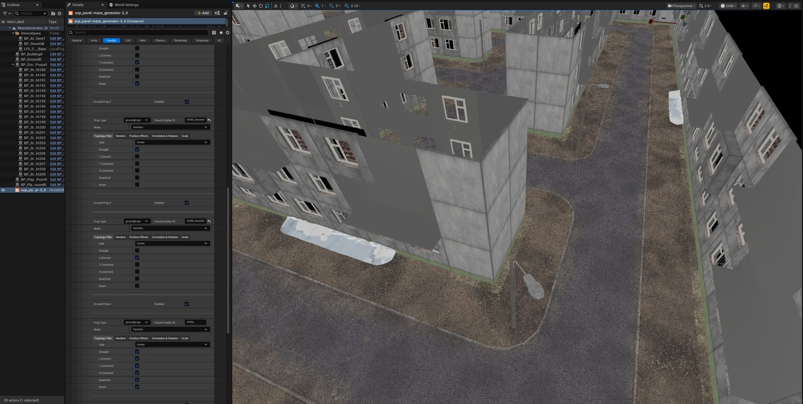 A snow pile prop and a streetlight in a generated street, next to the Ground Prop Scatter UI showing their opposite Topology Filters -- straight-only for snow, L-corner-only for the streetlight