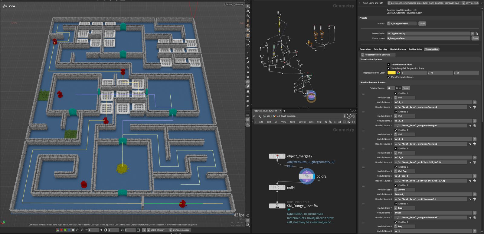 The same progression route and key-door paths overlaid on the generated layout with proxy wall and enemy assets