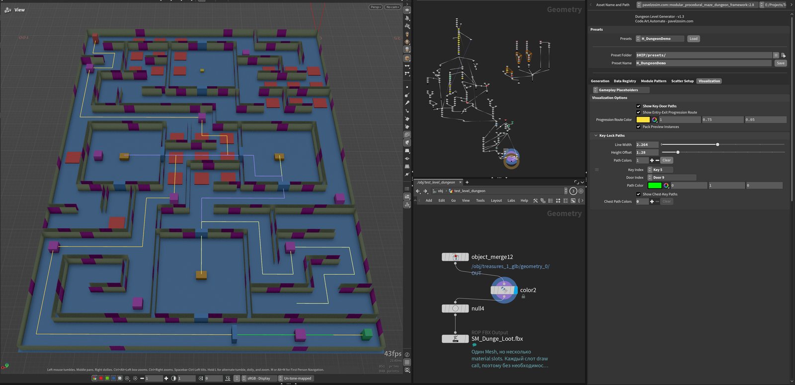 Debug schematic showing the entry-exit progression route and color-coded key-door path pairs over a generated dungeon layout