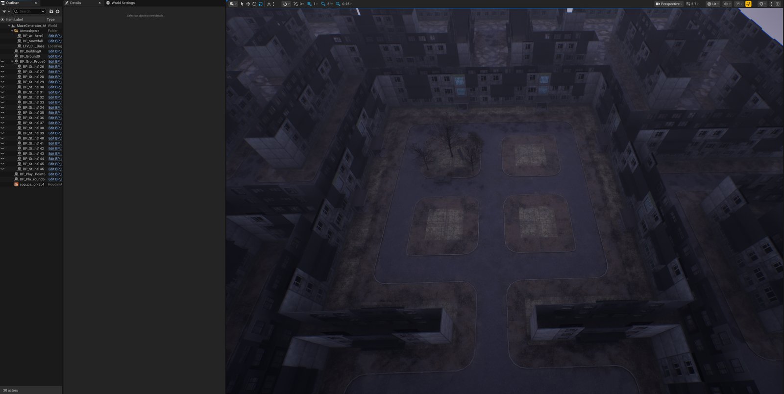 An aerial view of a full courtyard block showing several distinct Room cells at once, each with its own scatter