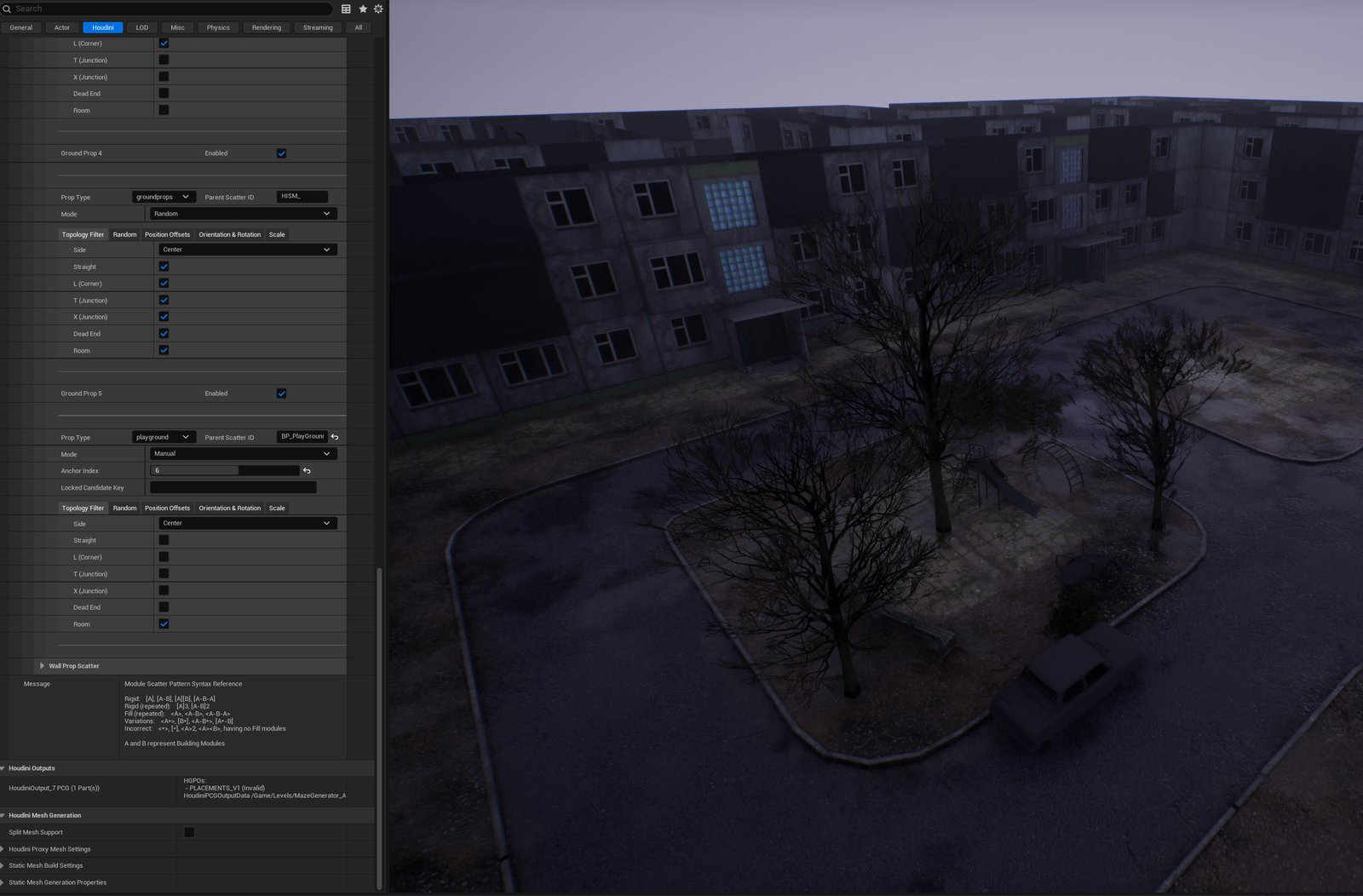 A courtyard playground rendered next to the Ground Prop Scatter UI, Topology Filter set to Room only, Mode Manual with a locked Anchor Index