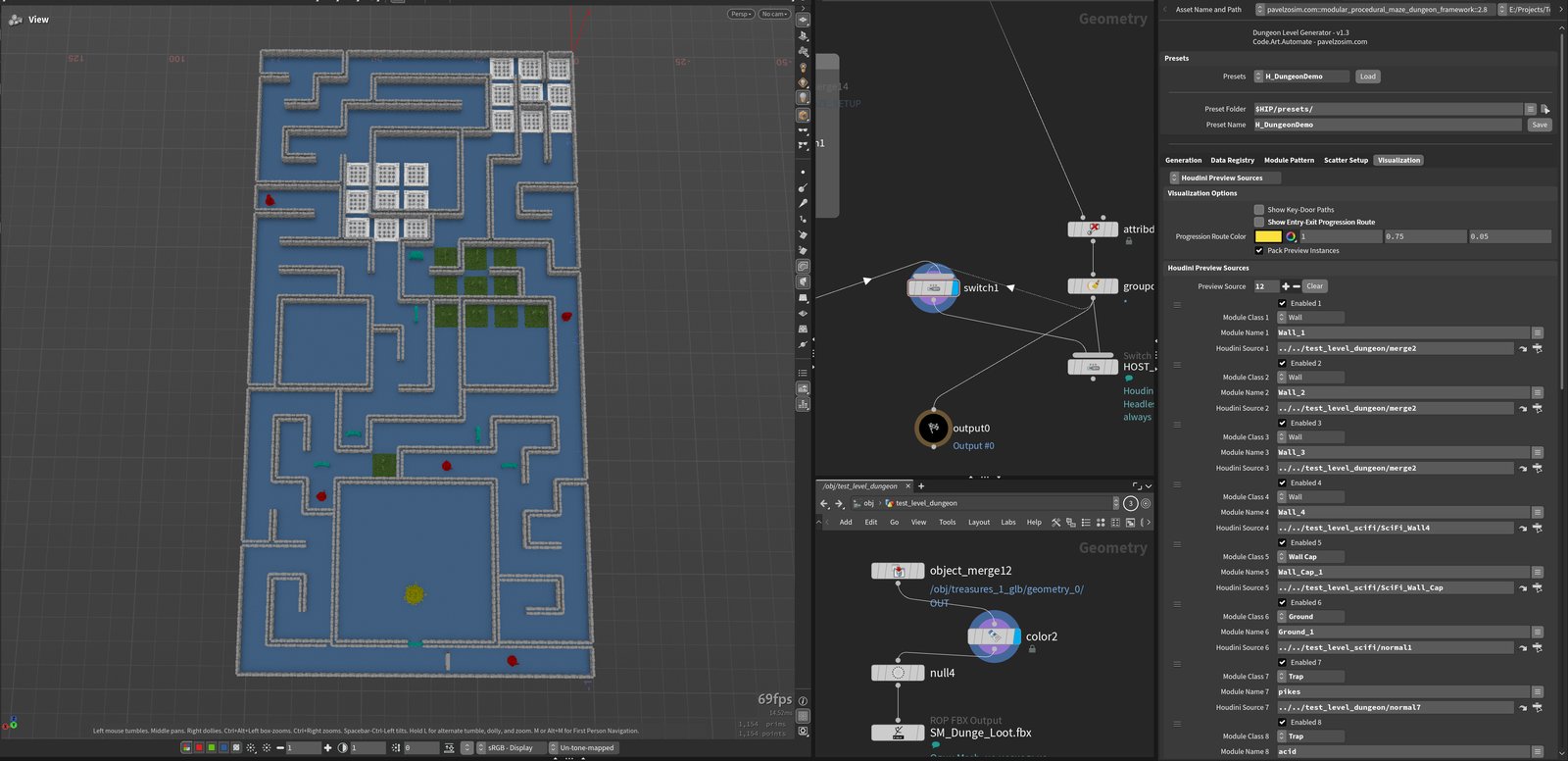 The same layout with proxy assets -- each room pulling its own decoration, such as foliage in one and a tiled floor decal in another