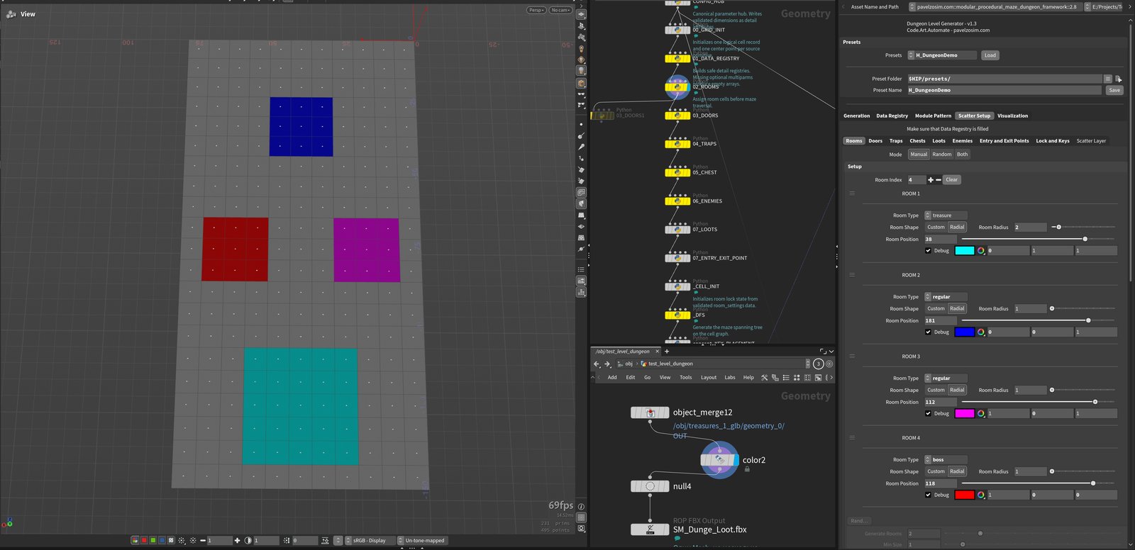 Schematic debug view of four registered rooms color-coded by Room Type -- treasure, regular, regular, and boss
