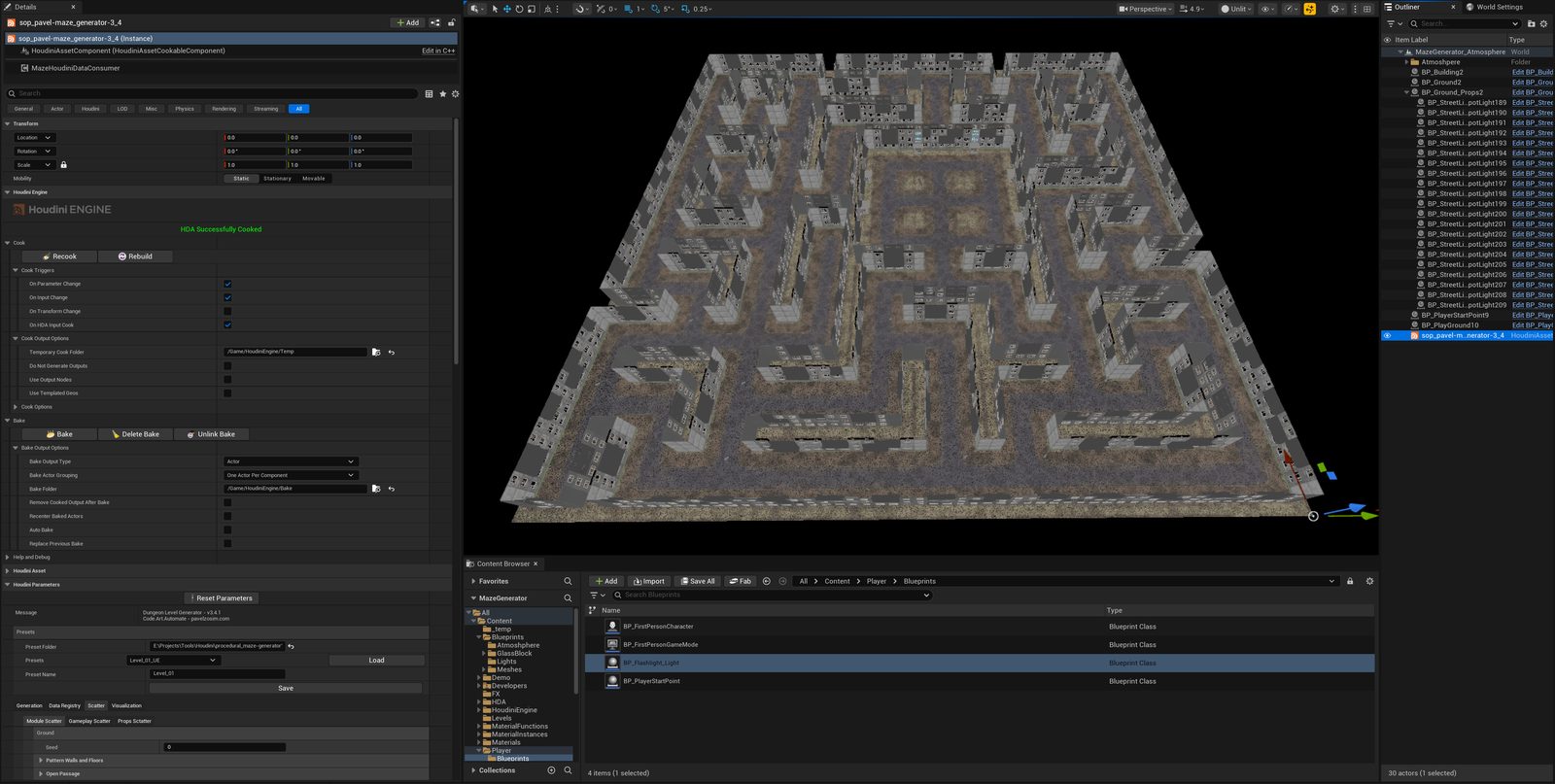 Aerial view of the generated modular city layout in Unreal Editor