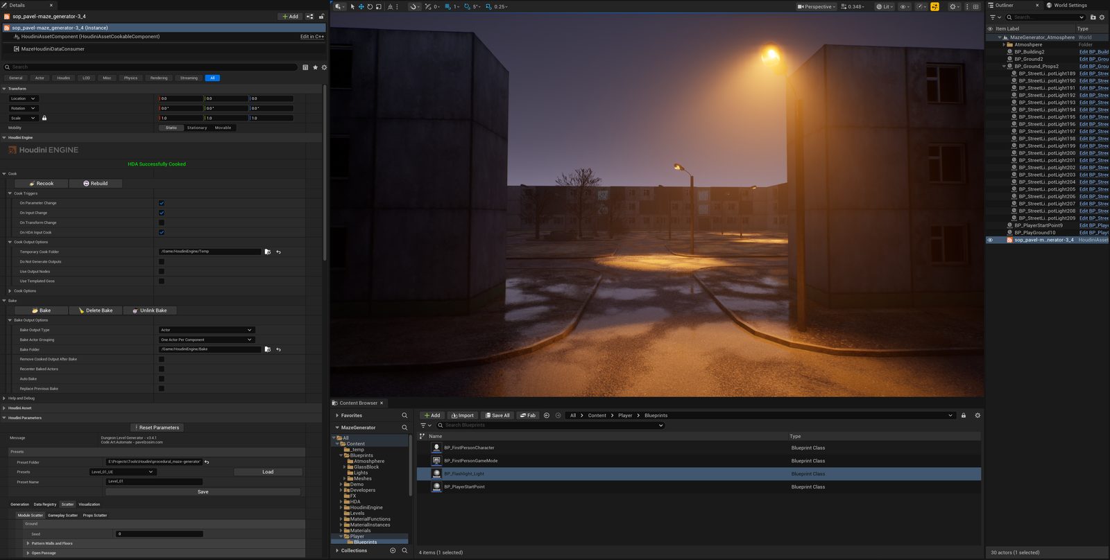 The same generated layout in Unreal at street level, dusk lighting with a streetlight and wet asphalt