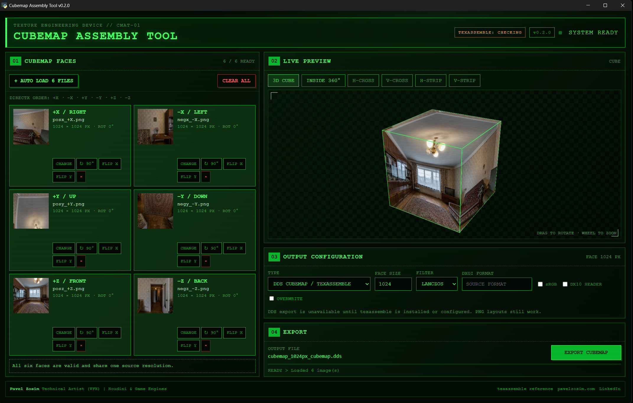 Cubemap Assembly Tool with six faces loaded, showing the 3D Cube preview mode with the DirectX face grid on the left and an orbiting cube render on the right