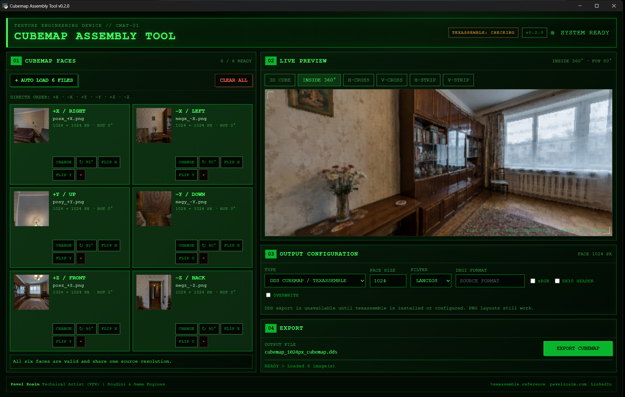 Cubemap Assembly Tool showing the Inside 360 degree preview mode, looking outward from the centre of the cube into a room