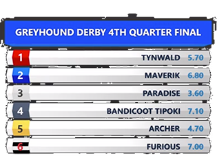 Broadcast-style leaderboard graphic listing six greyhounds by random name, position, and time