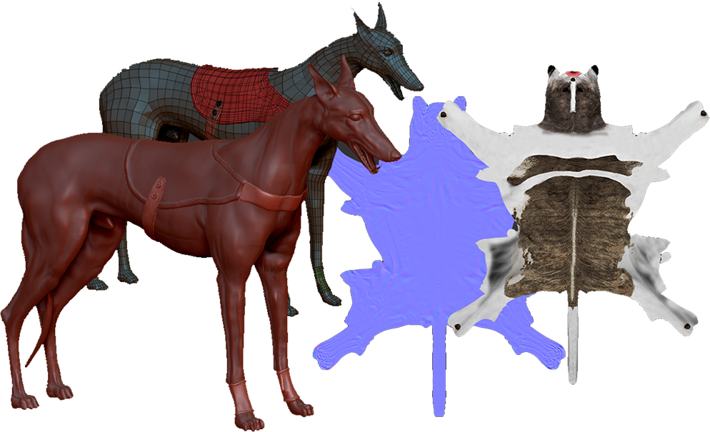 Greyhound production model next to its retopologized low-poly mesh and unwrapped UV shells