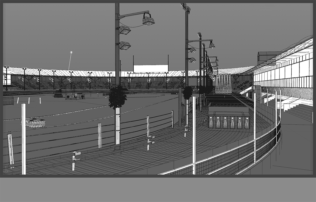 Wireframe view of the grandstand, floodlights, and trackside fencing built to real-world scale