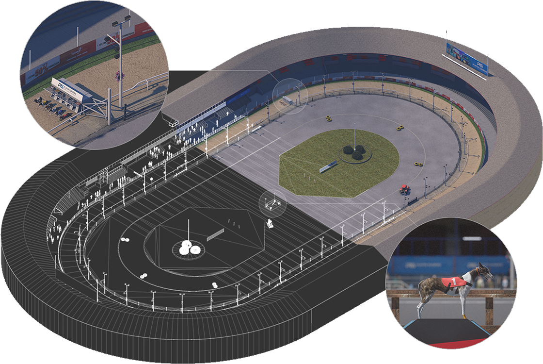 Split wireframe and rendered view of the full stadium model, with inset details of the starting gate and a greyhound in racing jacket