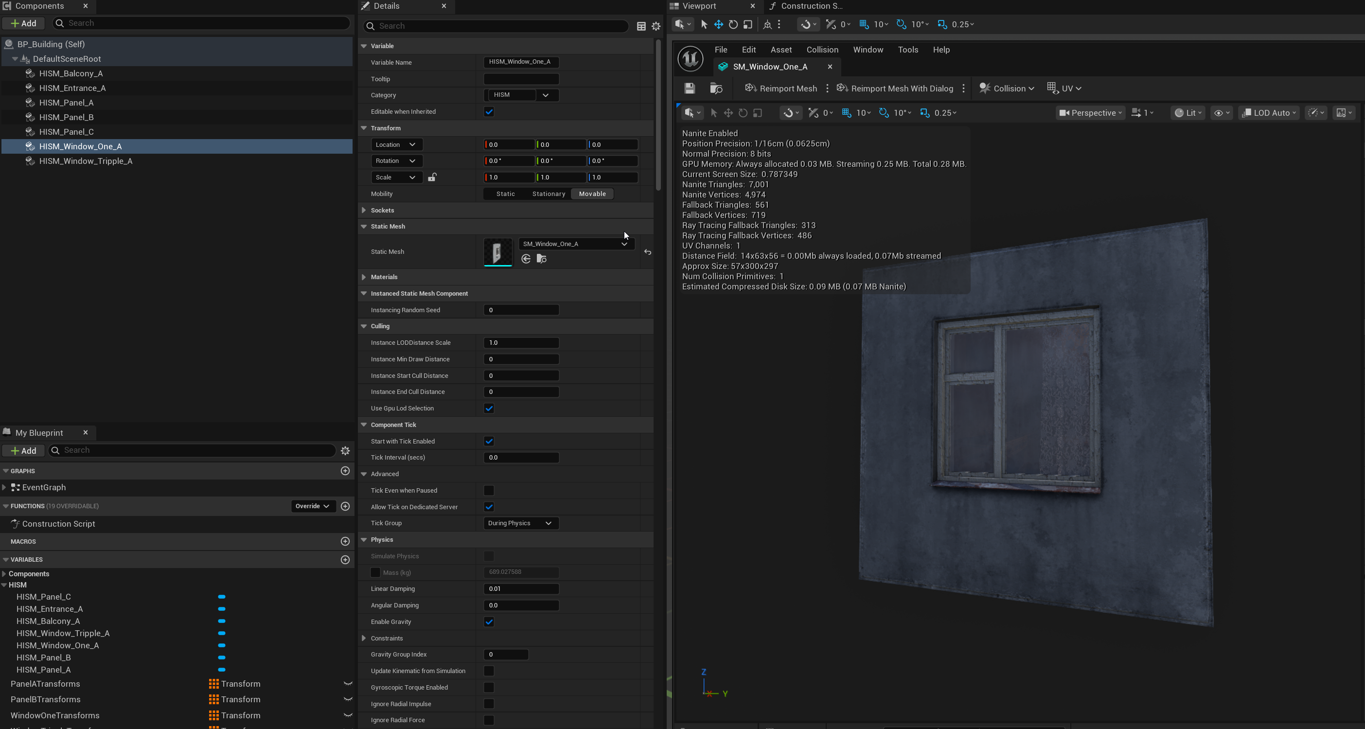 Unreal Blueprint editor showing a container Actor's component tree with several named Hierarchical Instanced Static Mesh components, including HISM_Balcony_A, HISM_Entrance_A, HISM_Panel_A/B/C, and HISM_Window_One_A