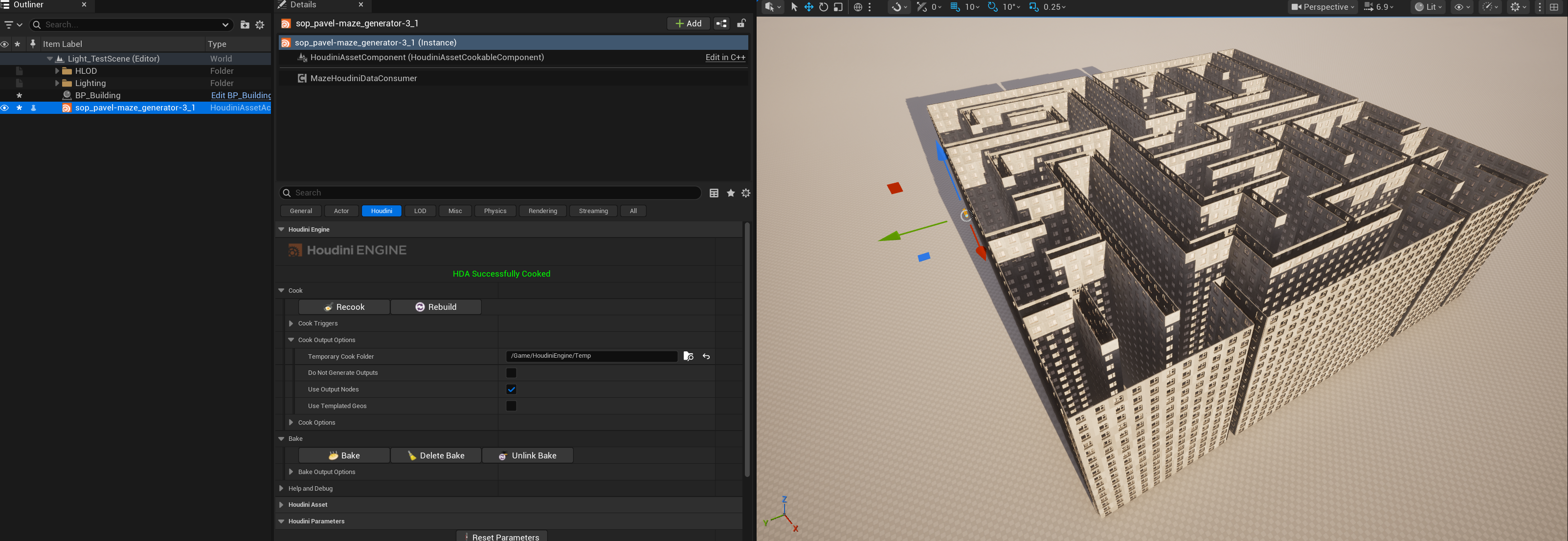 Large procedurally generated multi-story level in the Unreal viewport after a successful Houdini Engine cook through the typed placement bridge