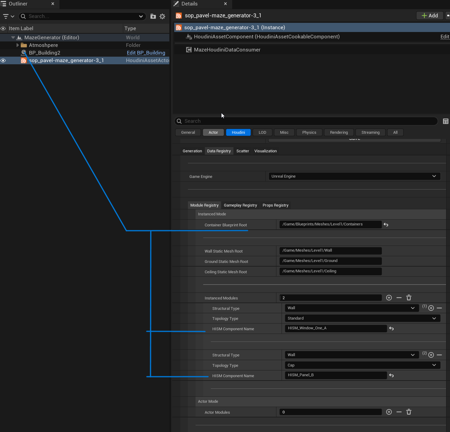 Houdini Data Registry panel showing the Instanced Mode module list with Container Blueprint Root and per-module HISM Component Name fields such as HISM_Window_One_A and HISM_Panel_B