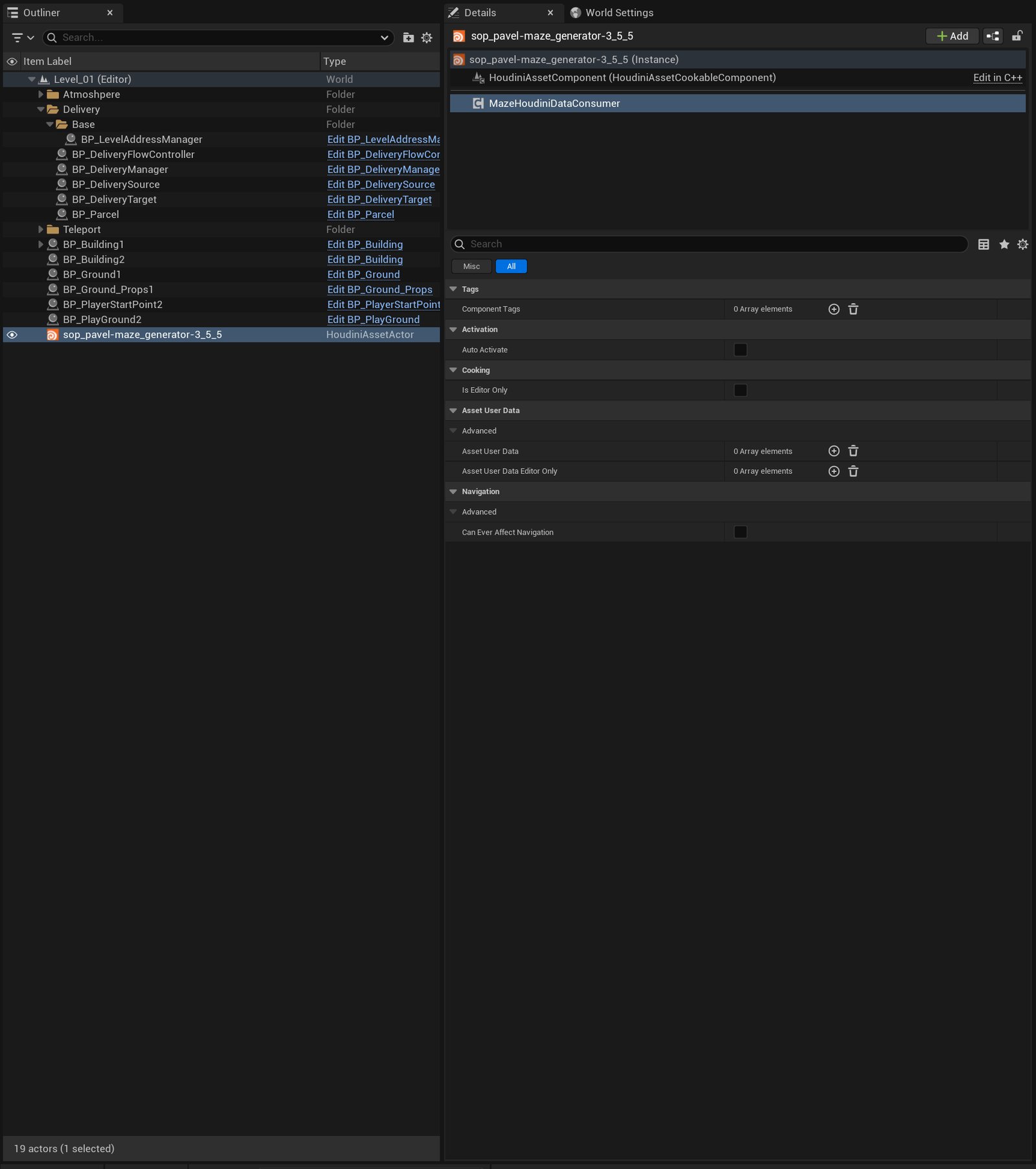 The MazeHoudiniDataConsumer component attached to the HDA actor, alongside its Houdini Asset Component