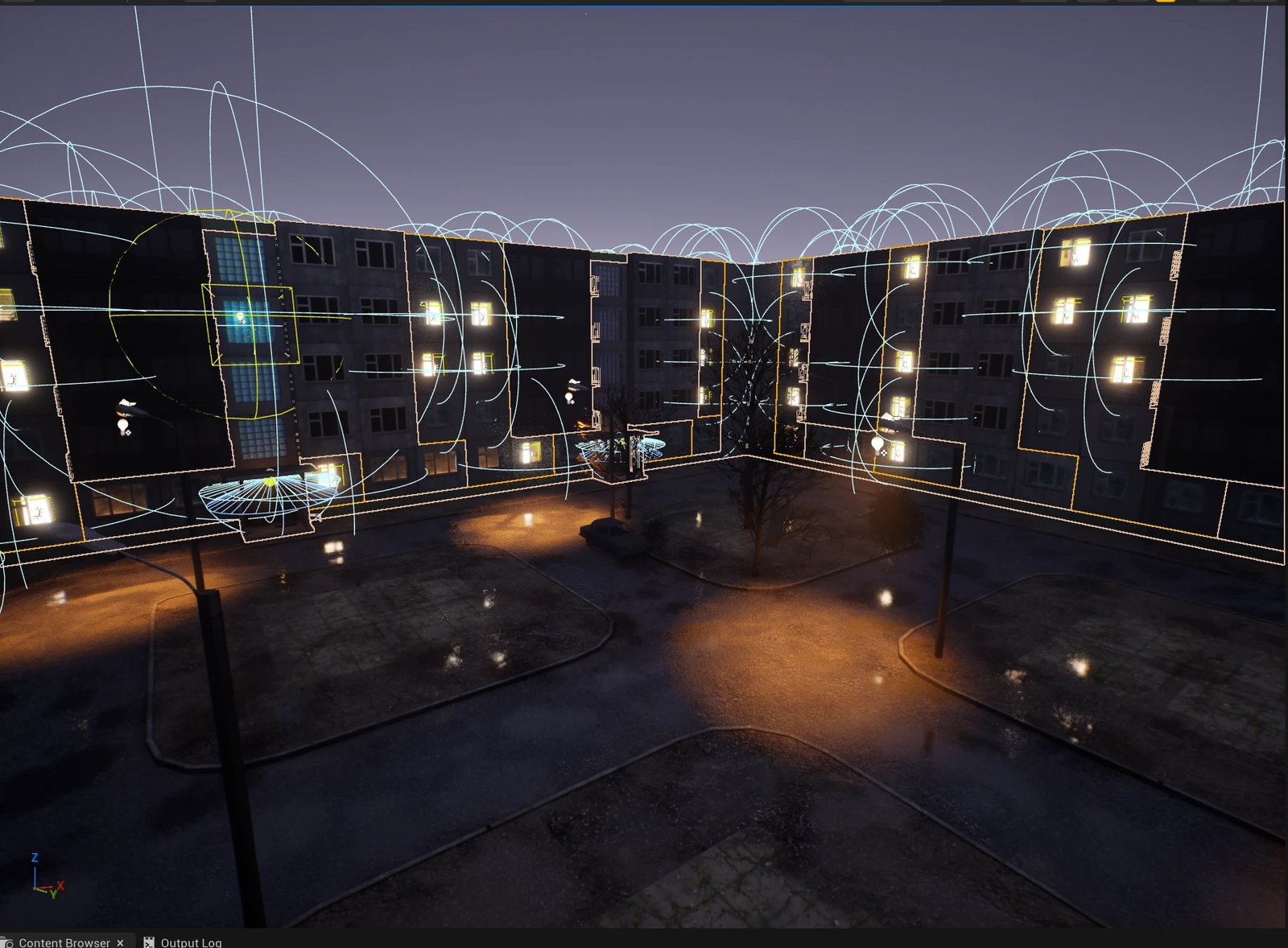 A debug wireframe view of the courtyard showing light attenuation radii, each one centered on a window's or streetlight's socket
