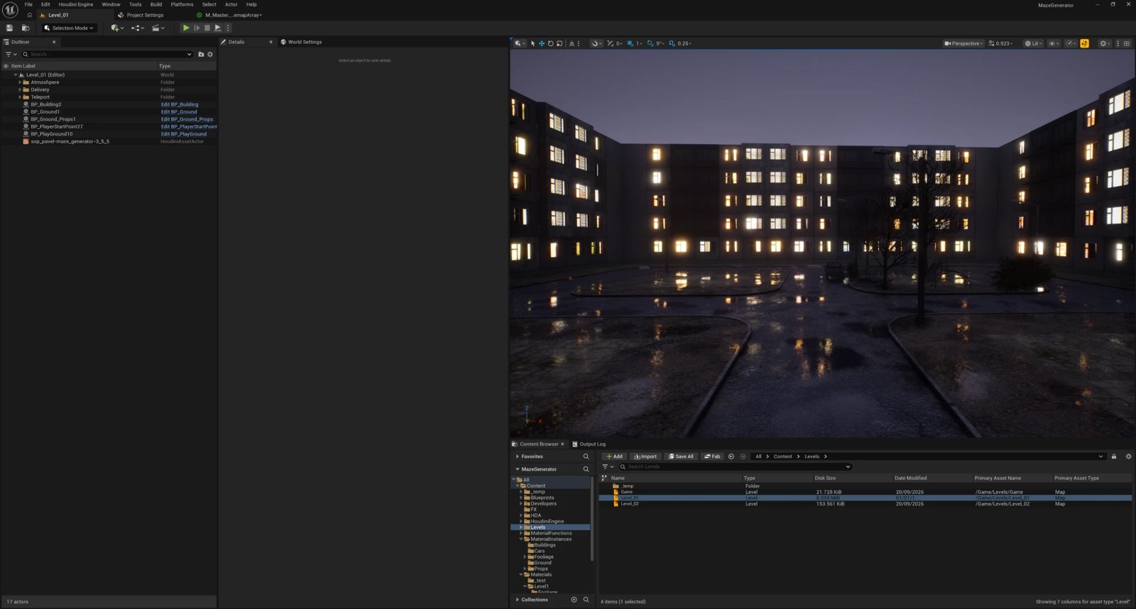 Unreal Editor view of the generated courtyard at night, streetlights on and windows lit with varied interiors visible through the glass