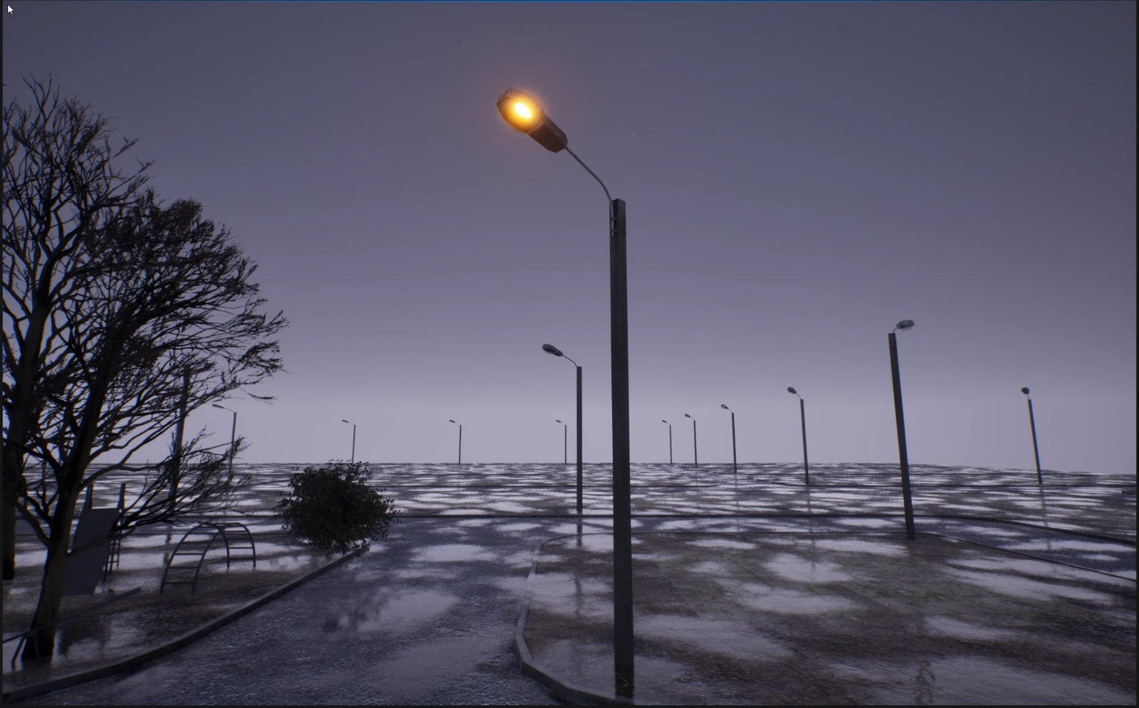 The streetlight with only its emissive material active: the bulb glows but nothing is cast onto the surrounding scene