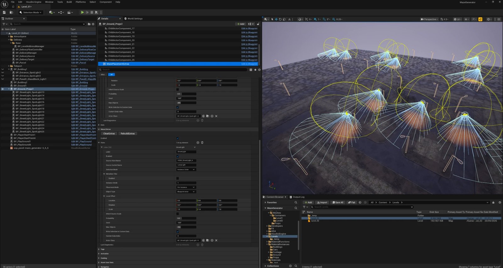 The StreetLight rule on BP_Ground_Props, and a row of individually named BP_StreetLight_SpotLight actor instances in the Outliner, each with its own light-radius debug wireframe
