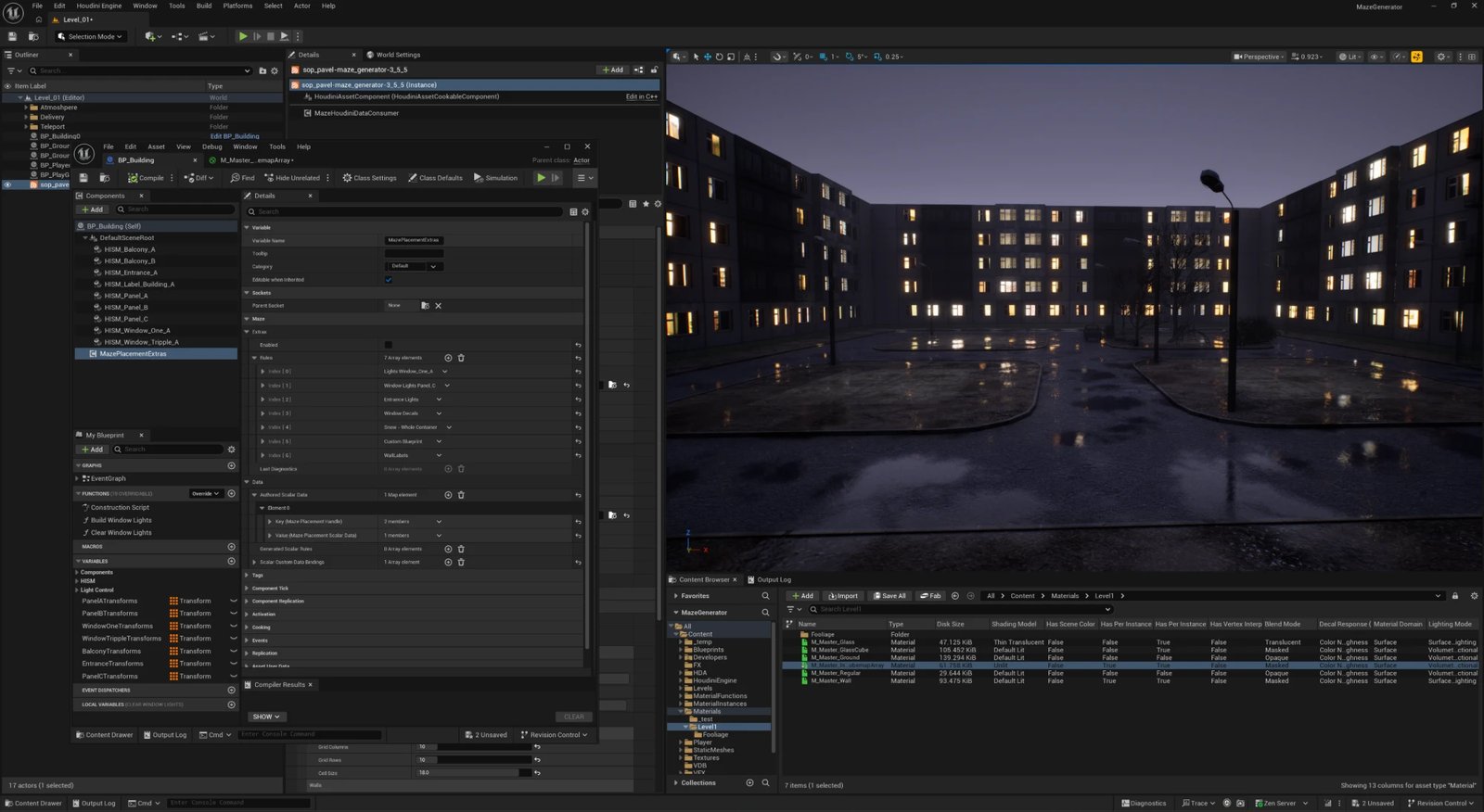 The same courtyard with a uniform emissive material lighting every window, before any selection, probability or real light component