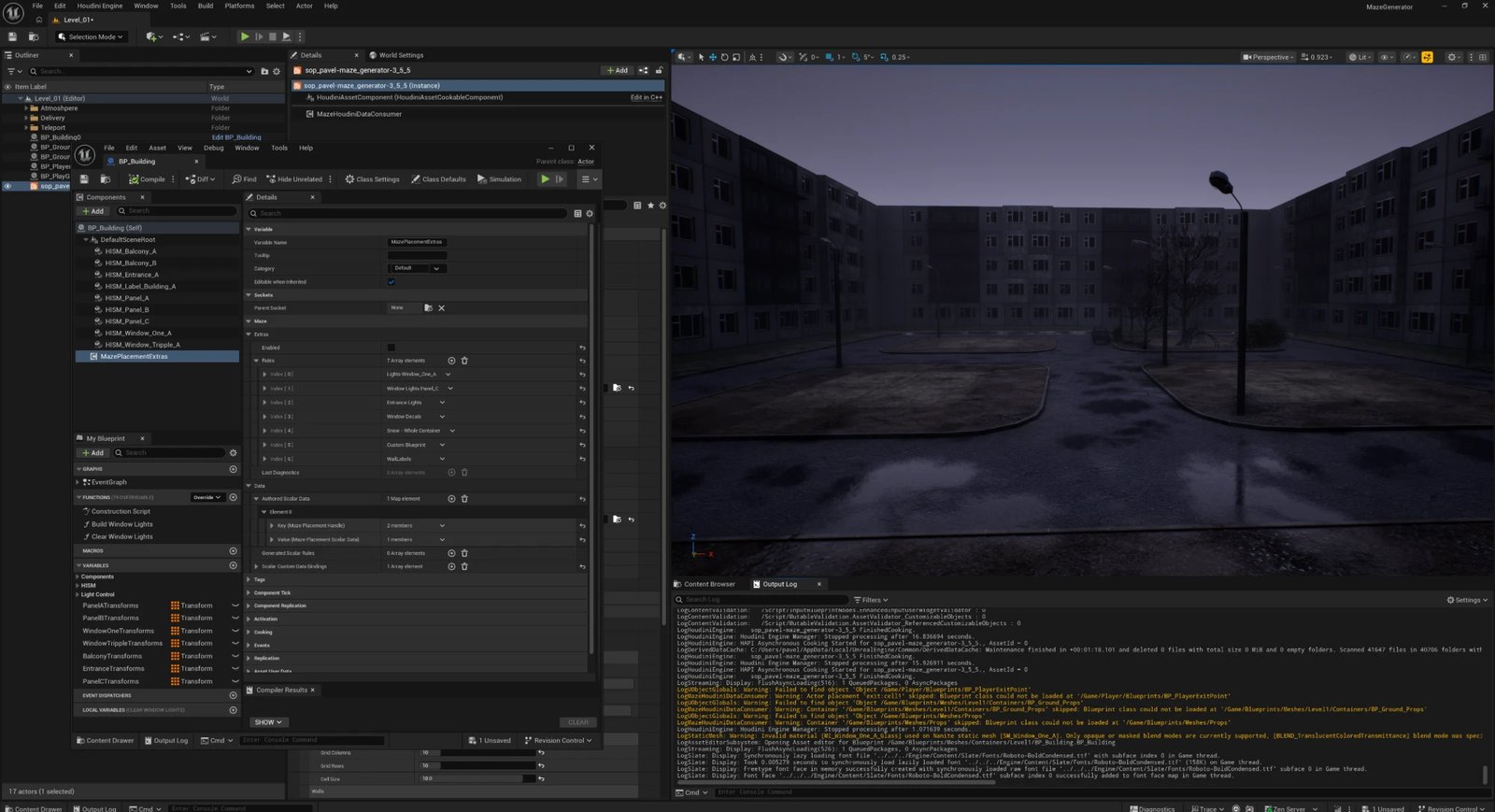 The generated courtyard at dusk with Maze Placement Extras disabled: no streetlights, no lit windows, just the base scene