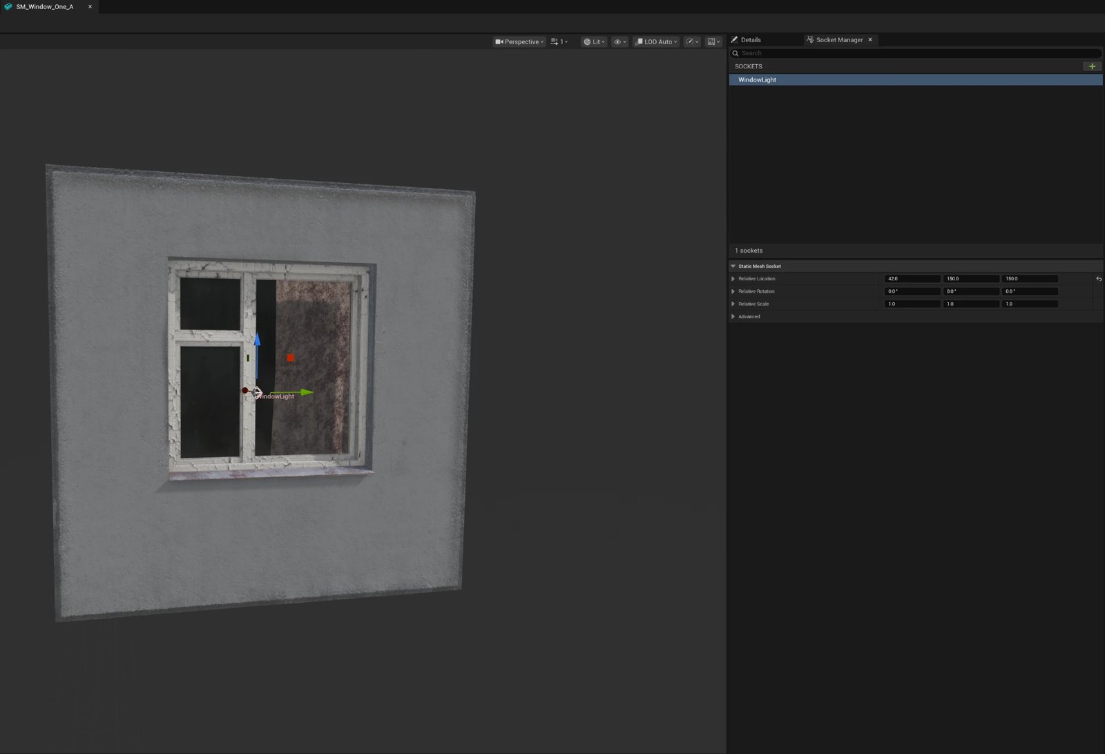 The WindowLight socket in the Static Mesh Editor, positioned on the window mesh's glass panel