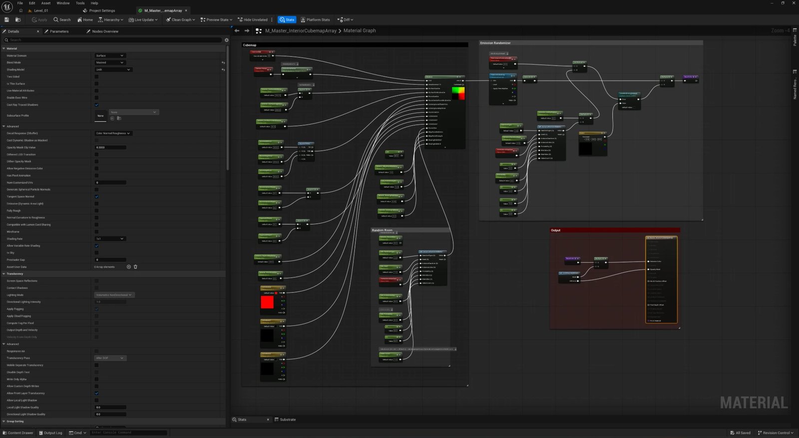 M_Master_InteriorCubemapArray material graph in Unreal: cubemap ray-cast on the left, the Random-driven Emission Randomizer on the right, both feeding one Output node