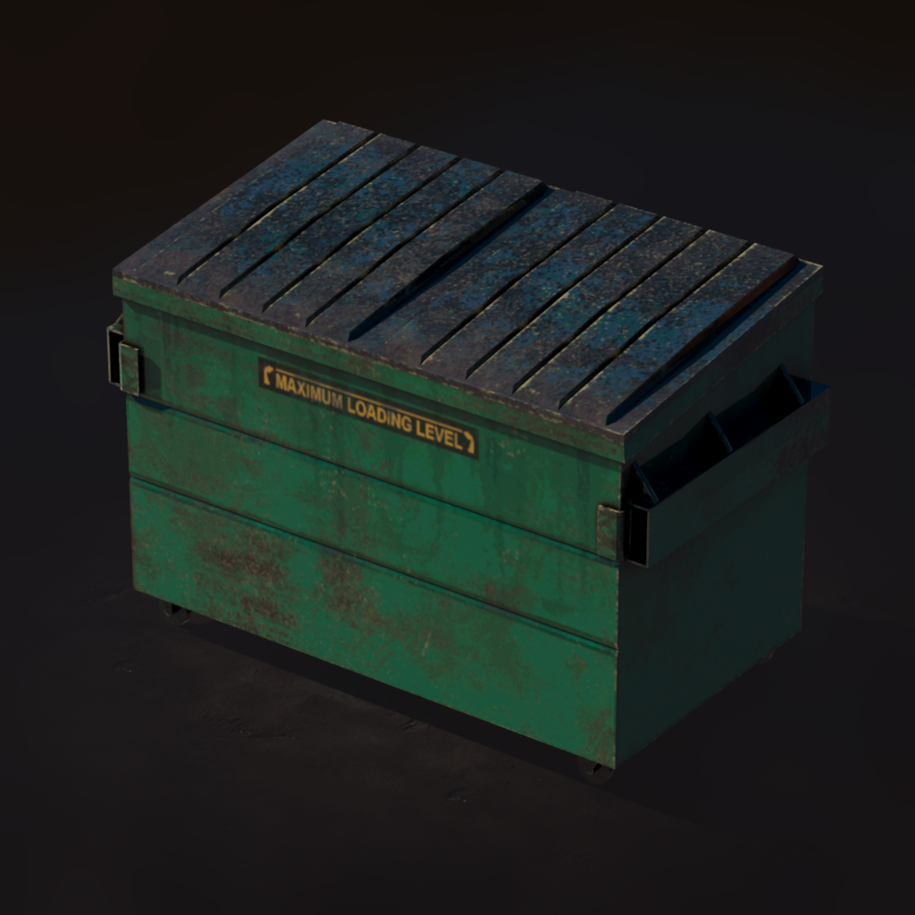 Rendered green low-poly dumpster with weathered textures