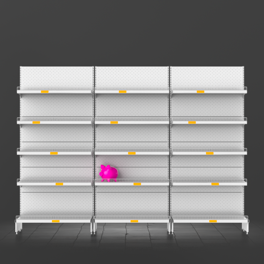 Front presentation of three modular market shelf sections