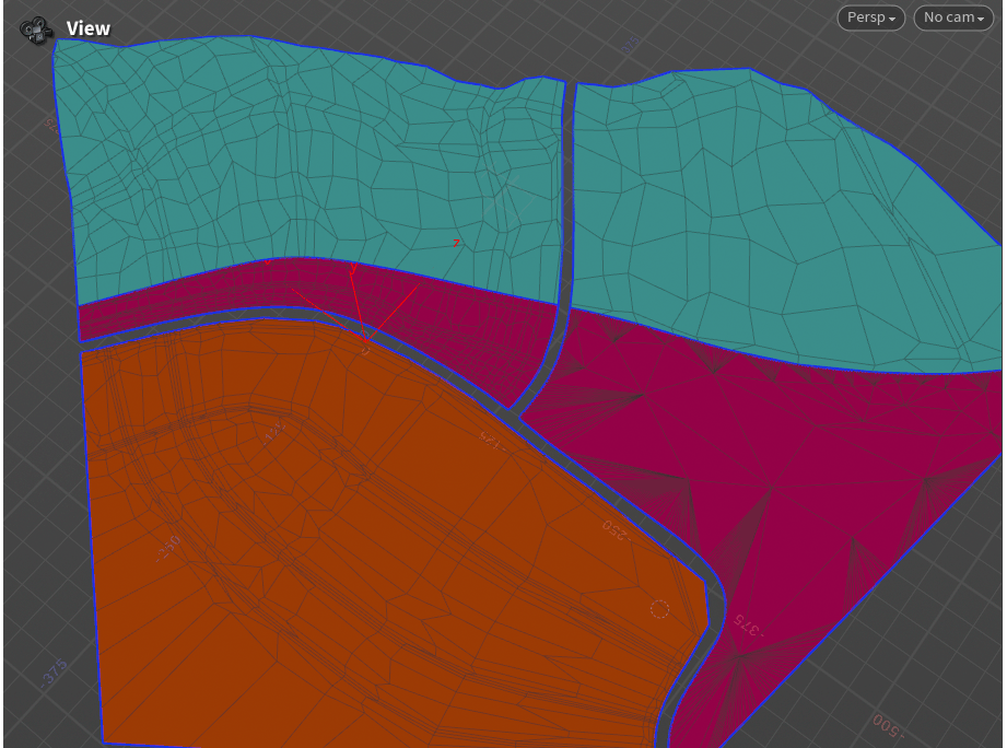 3D mesh with teal, maroon, and orange sections, outlined in blue. Grid background. Text reads "View" and controls are visible.