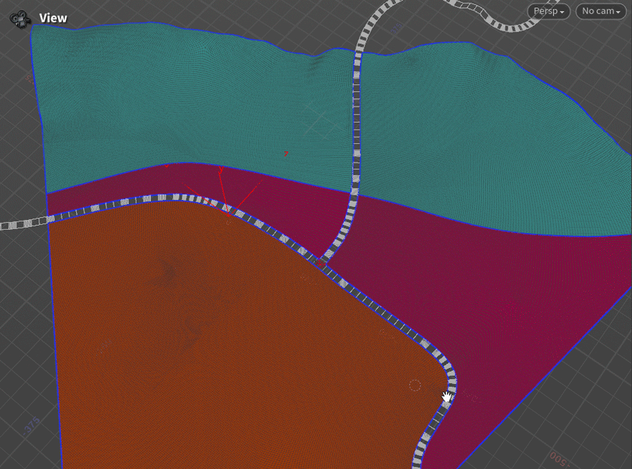 Digital 3D model with three color regions (teal, red, orange) divided by paths. Checkerboard pattern and grid background. Cursor visible.