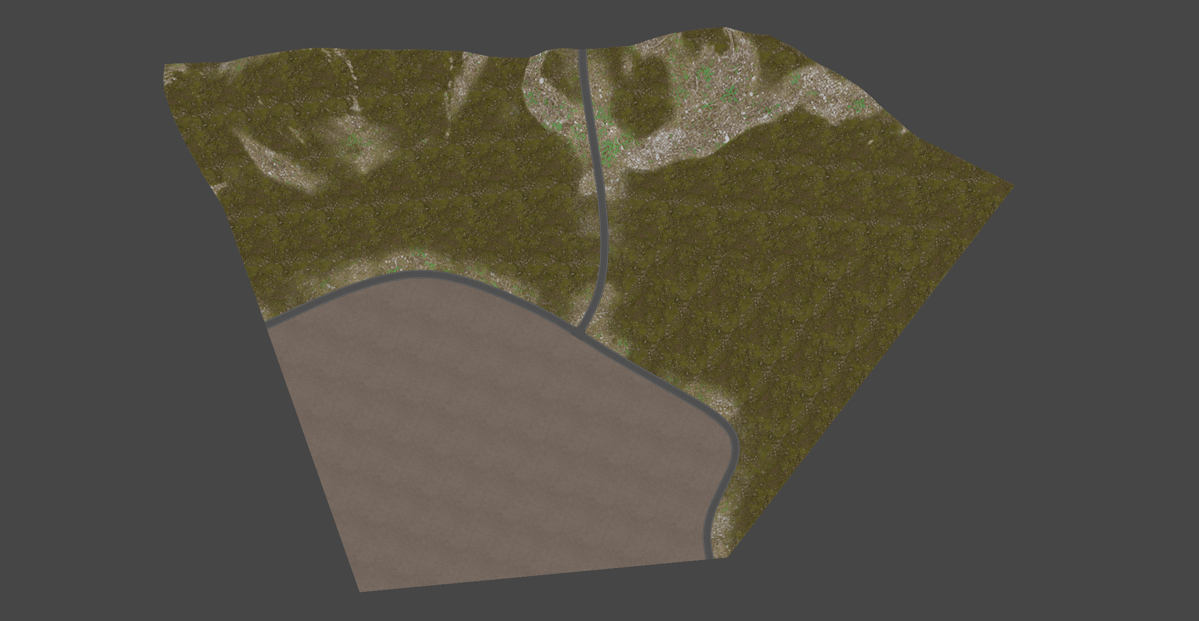 Aerial view of a map with a winding road through green, textured terrain and a large brown area. No visible text or people.